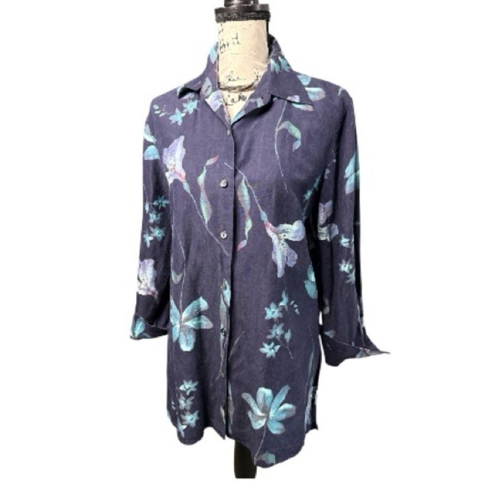 Navy Watercolor Floral Silk Linen Blouse Boho Coastal Chic August Silk Size M